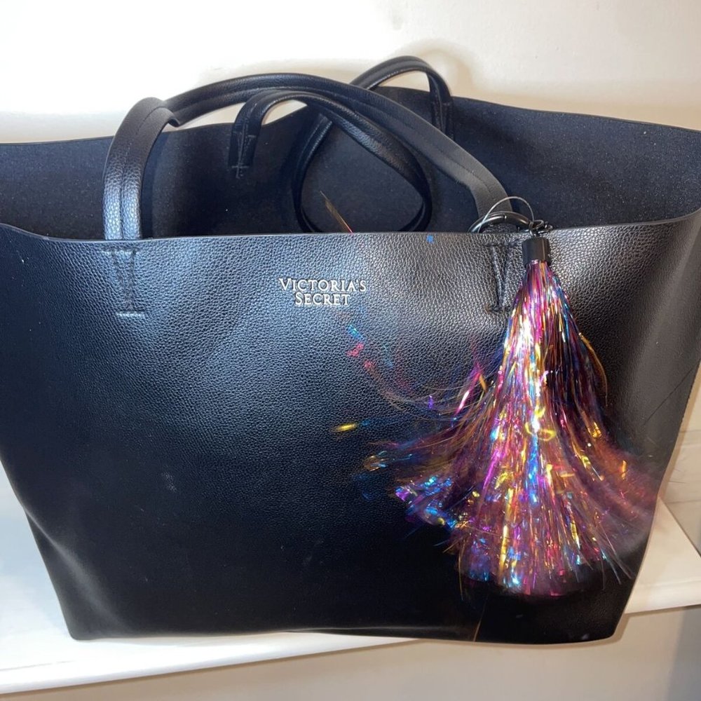 Victoria's Secret Black Faux Leather Tote Bag Rainbow Tassle 22"x13"